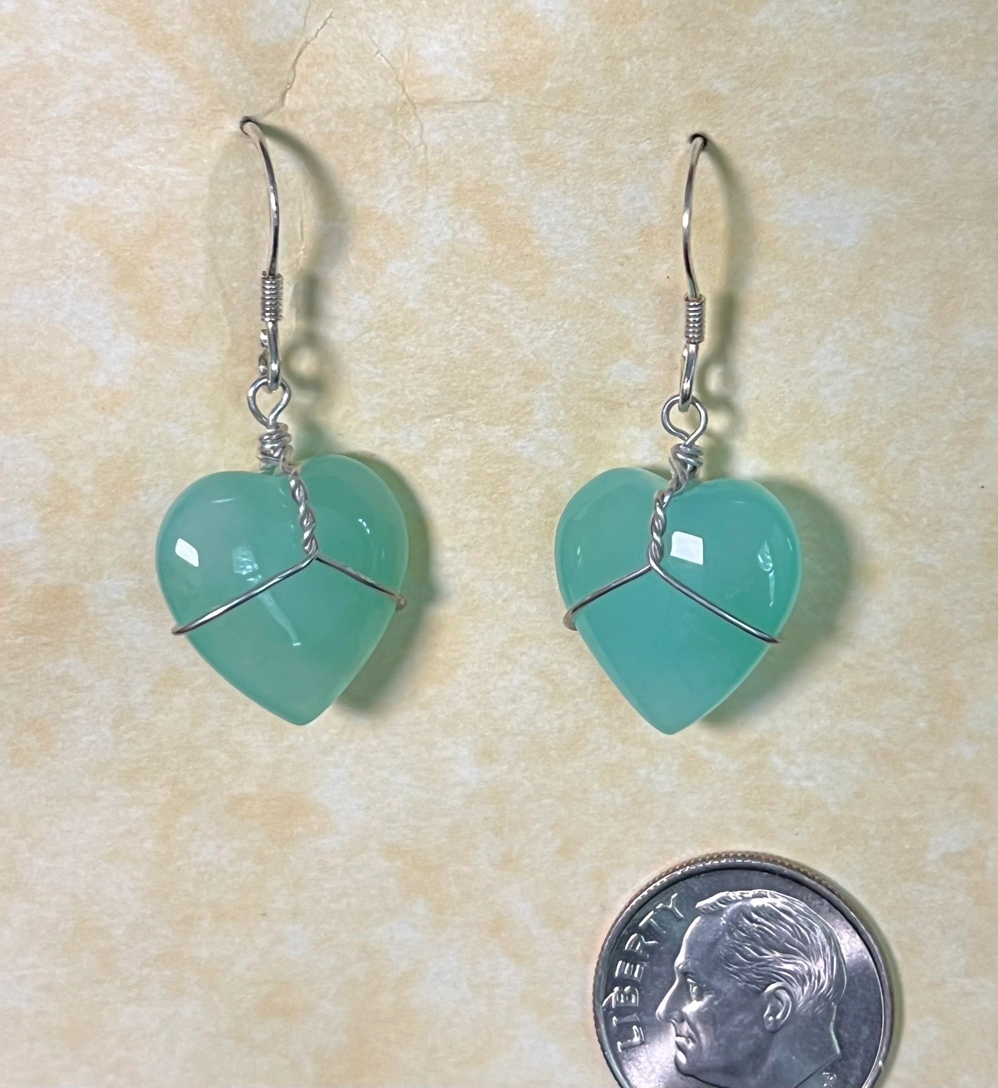 Chrysoprase Heart Earrings, Silver Wrap
