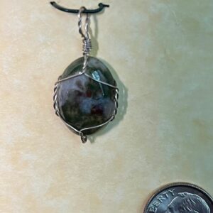 Green Moss Agate Pendant, Silver Wrap