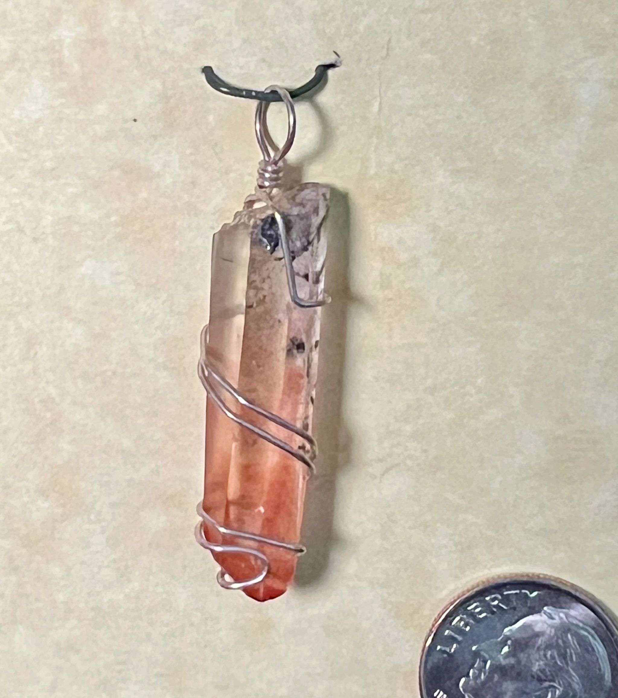 Tangerine Quartz Pendant, Silver Wrap