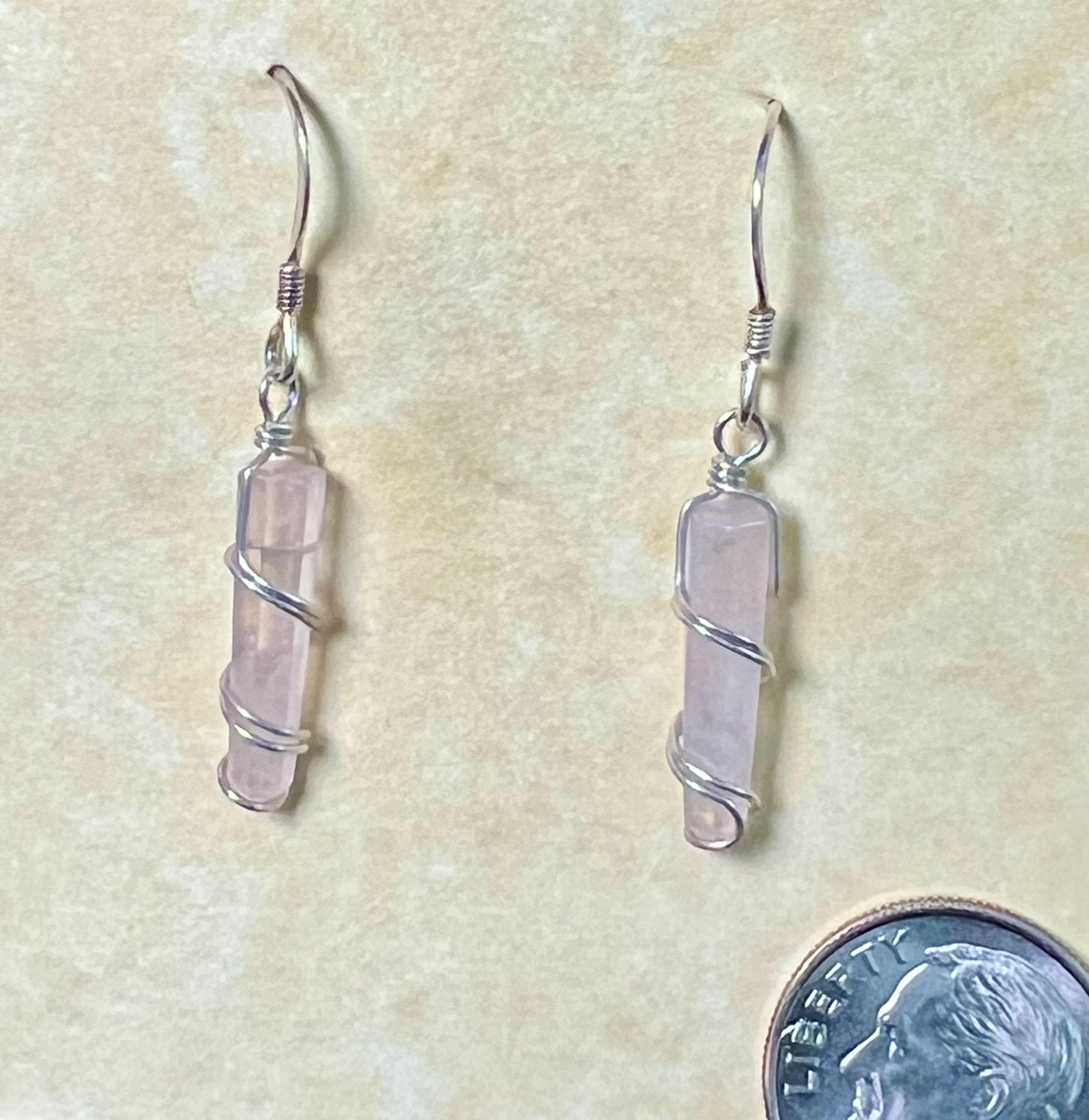 Rose Quartz Earrings, Silver Wrap