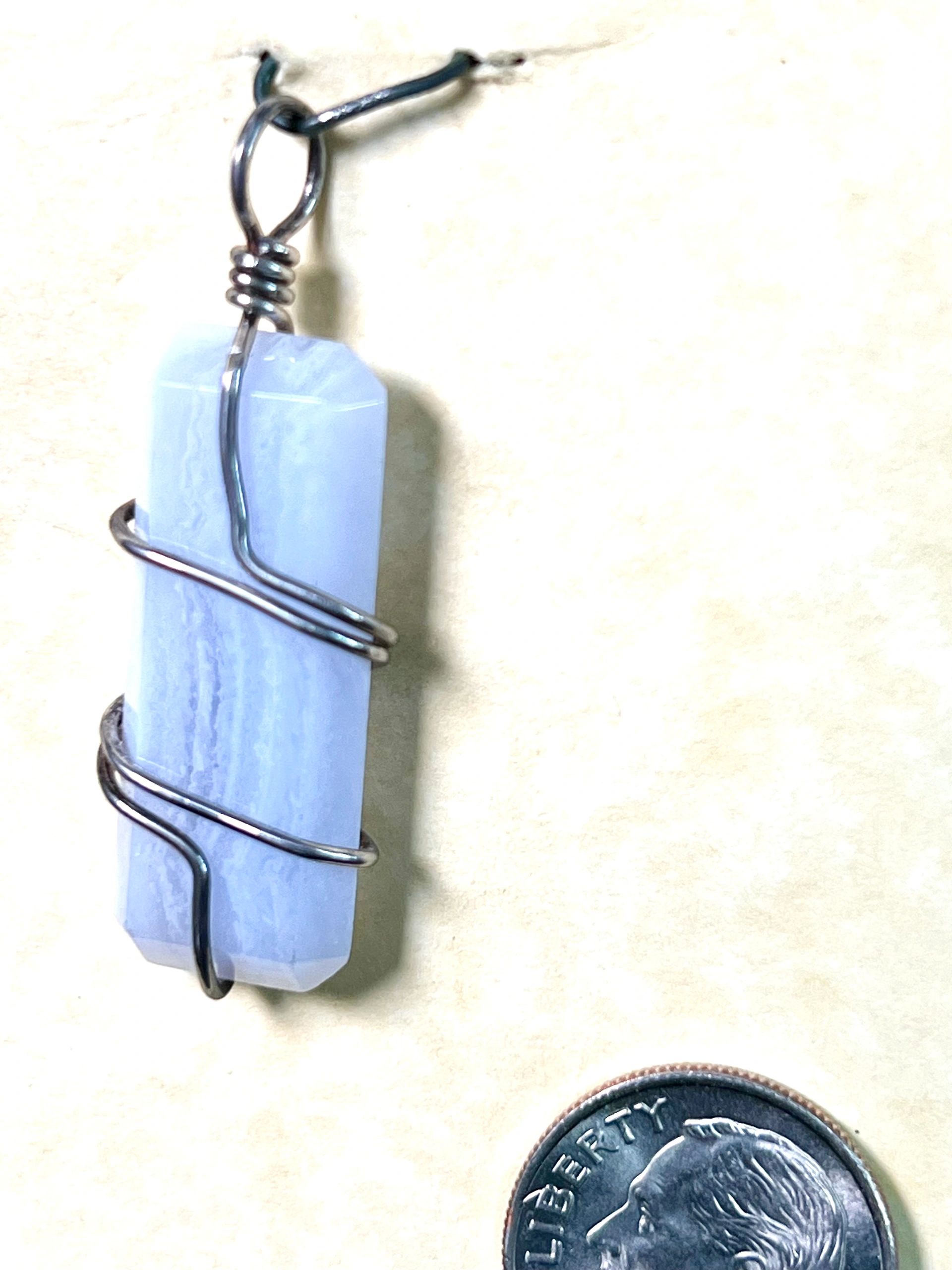 Blue Lace Agate Pendant, Silver Wrap