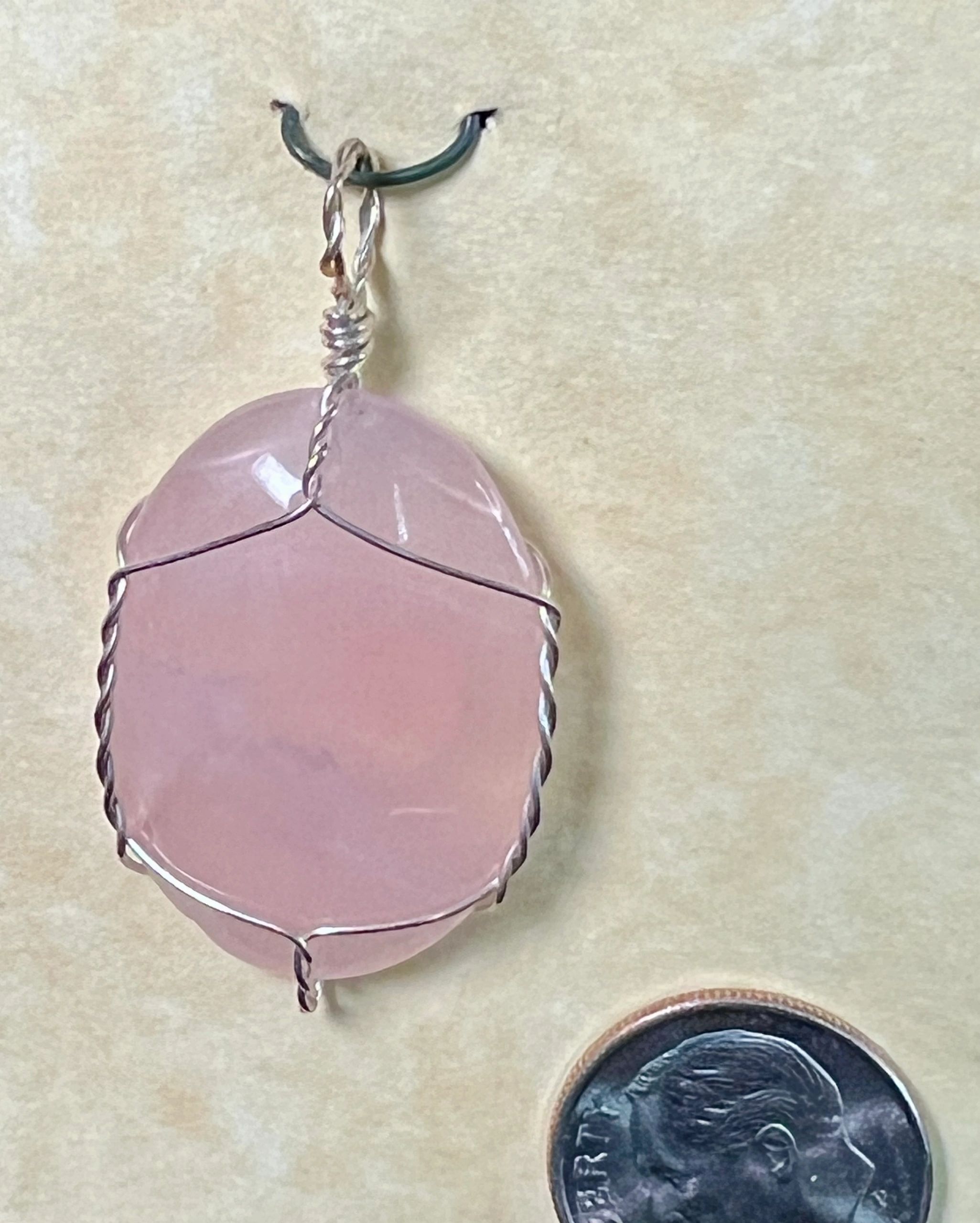 Rose Quartz Oval Pendant, Silver Wrap