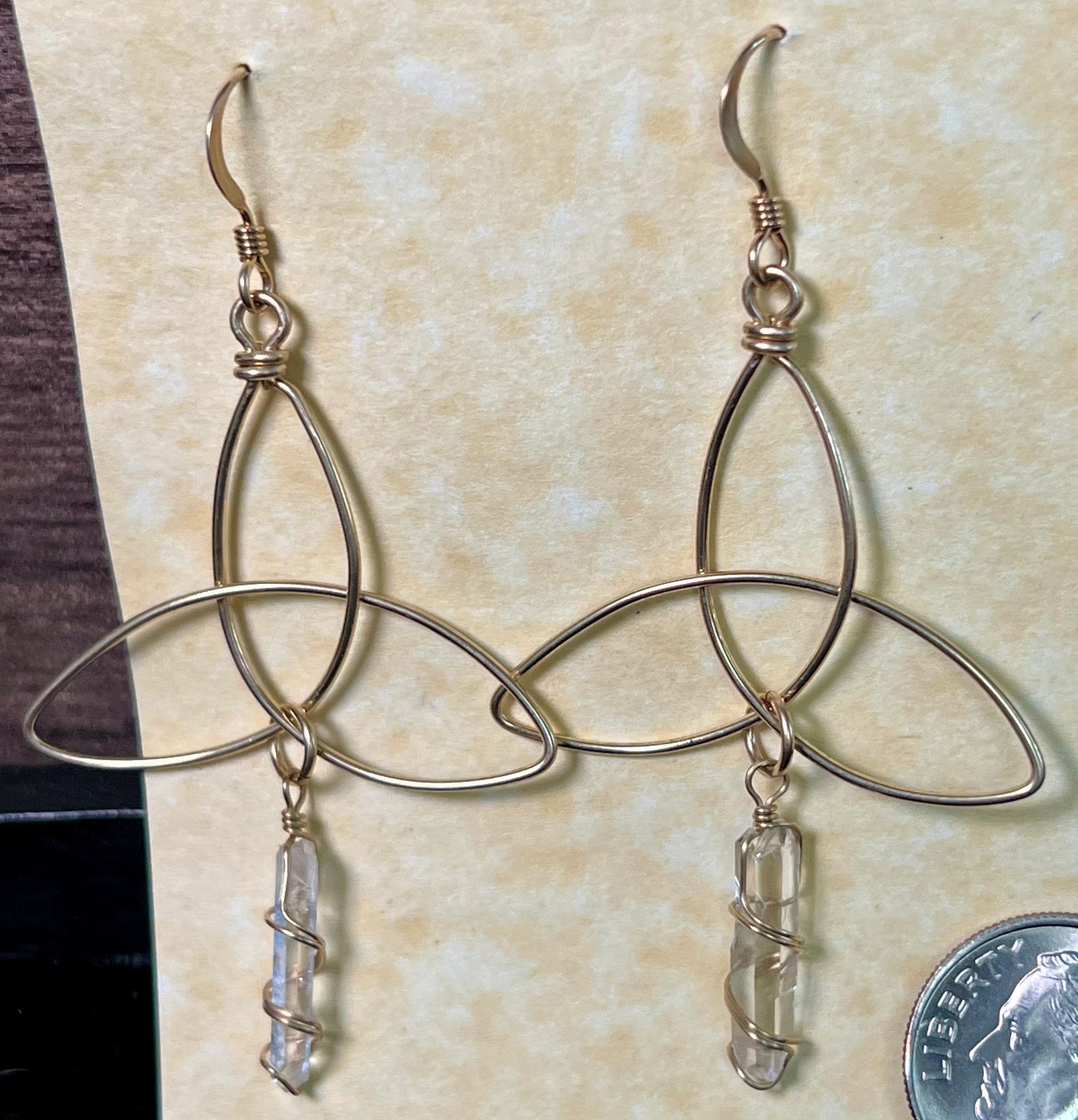 Quartz Point Earrings w/ design, Gold Wrap